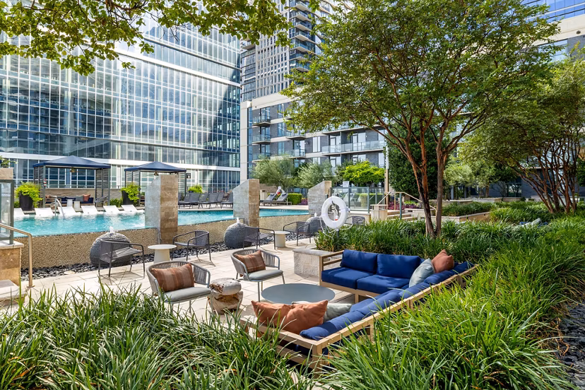 Patio with modern outdoor furniture at Northshore Apartments offering luxury living