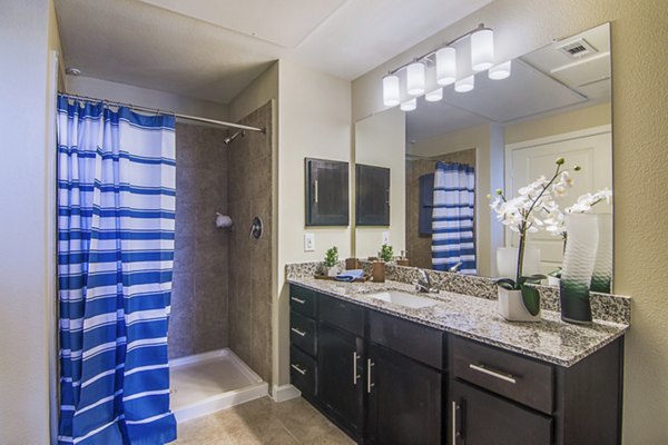 Bathroom featuring modern fixtures and a walk-in shower at Overture Frisco Apartments