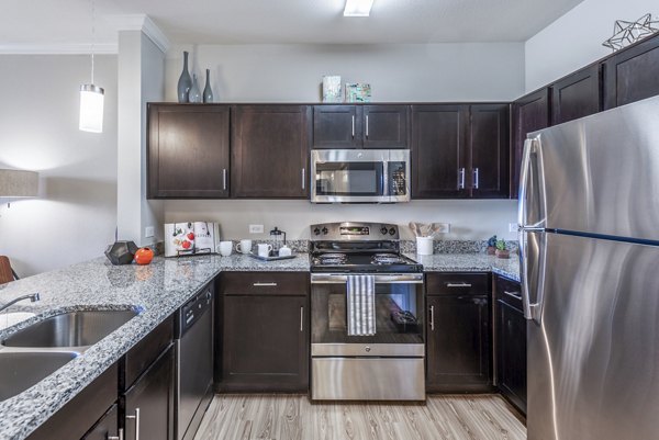 Overture Frisco Apartments: Modern kitchen with stainless steel appliances and granite countertops, emphasizing luxury senior living