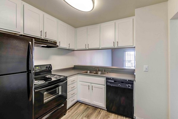 Modern kitchen with stainless steel appliances at Solana at Grand Apartments