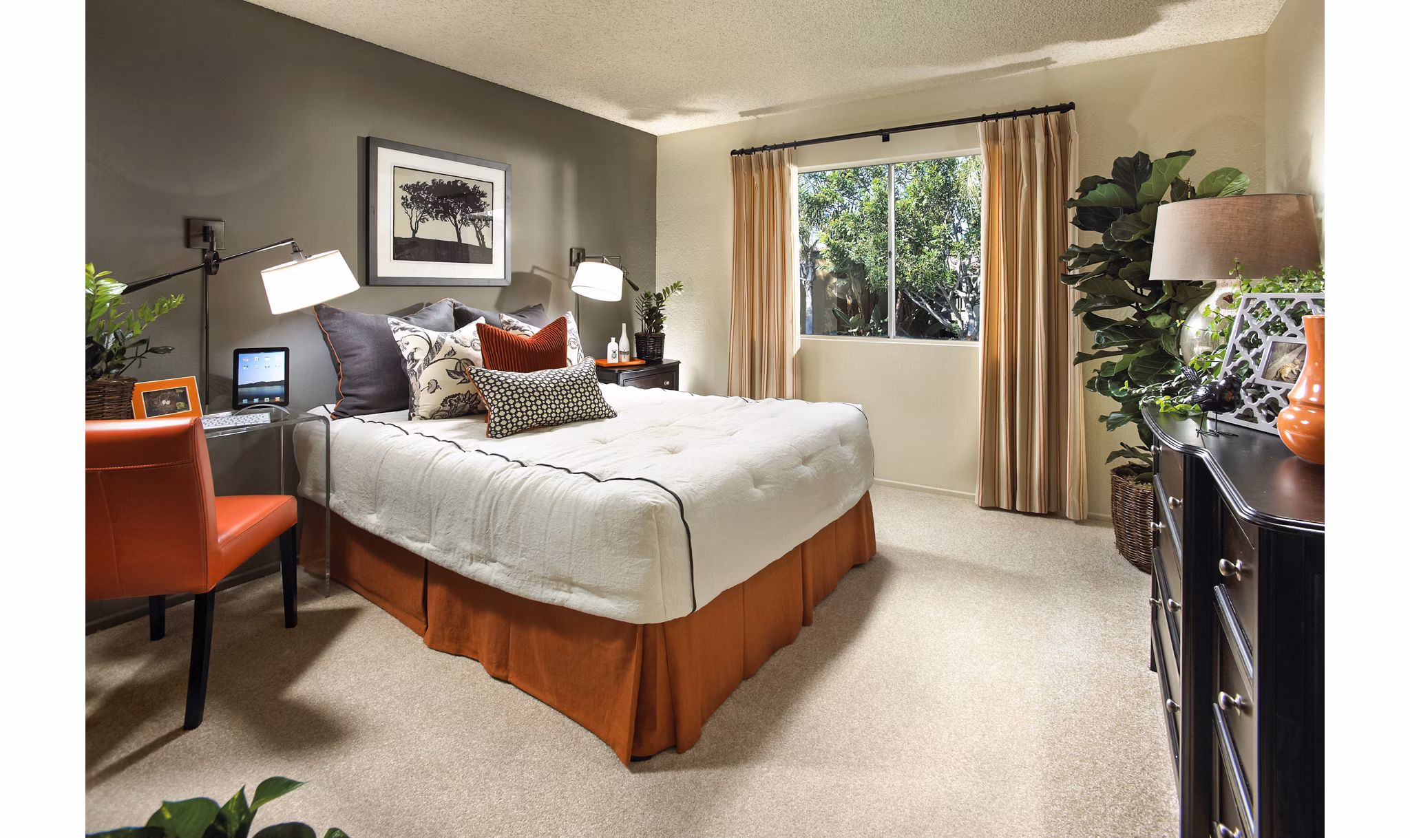 â€œCozy bedroom featuring a bed, nightstands, and plants in luxury apartmentâ€
