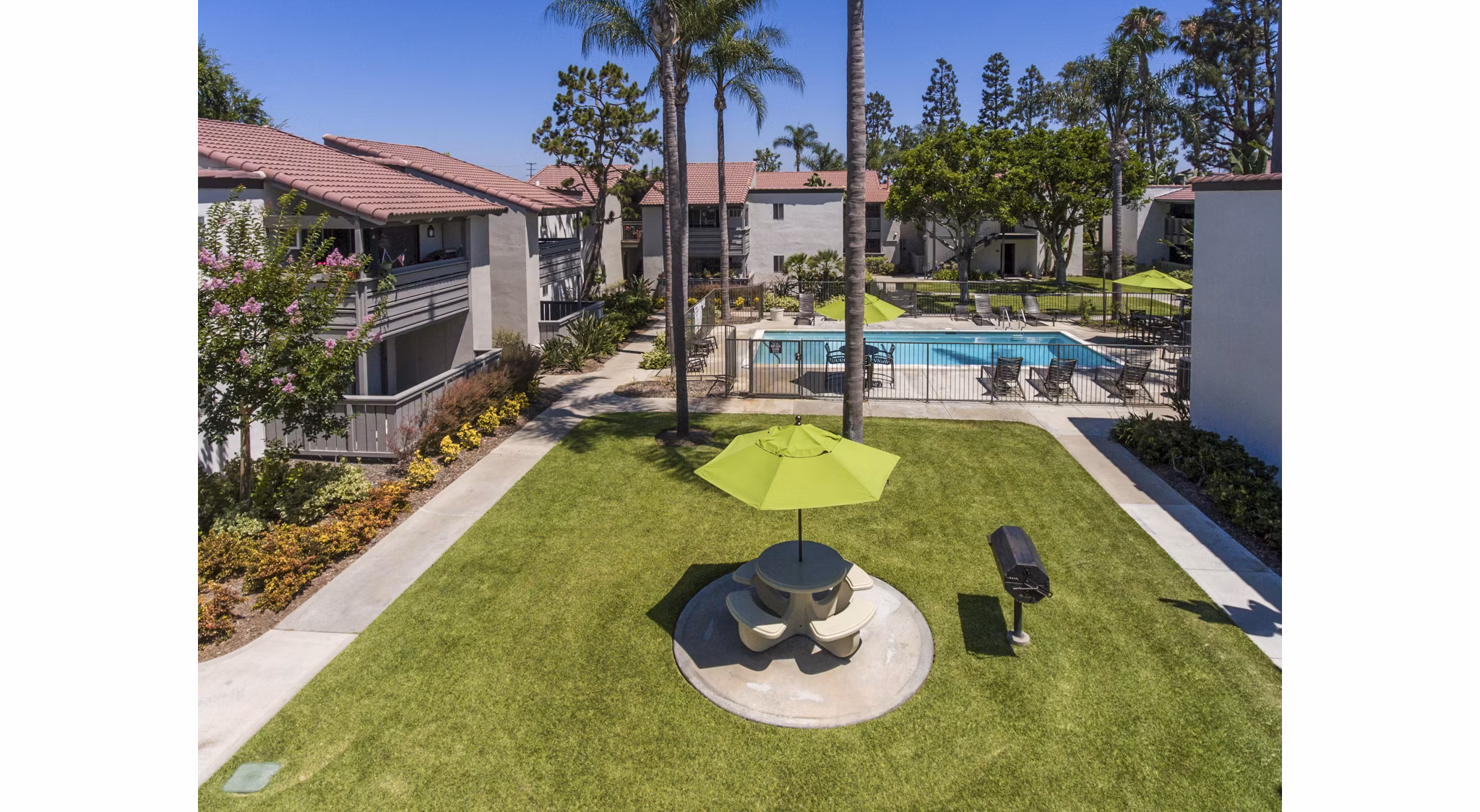 Poolside relaxation at Corte Bella Apartments with luxury loungers and vibrant landscaping