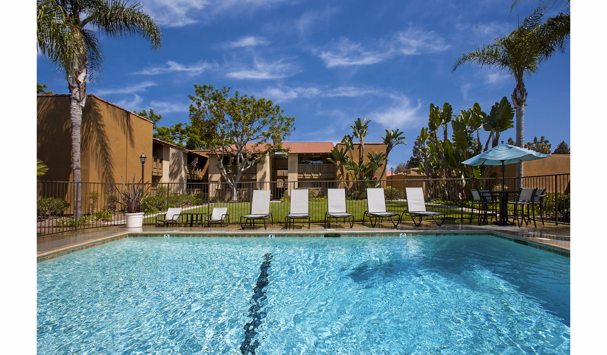 Modern outdoor pool at Corte Bella Apartments offering luxury living