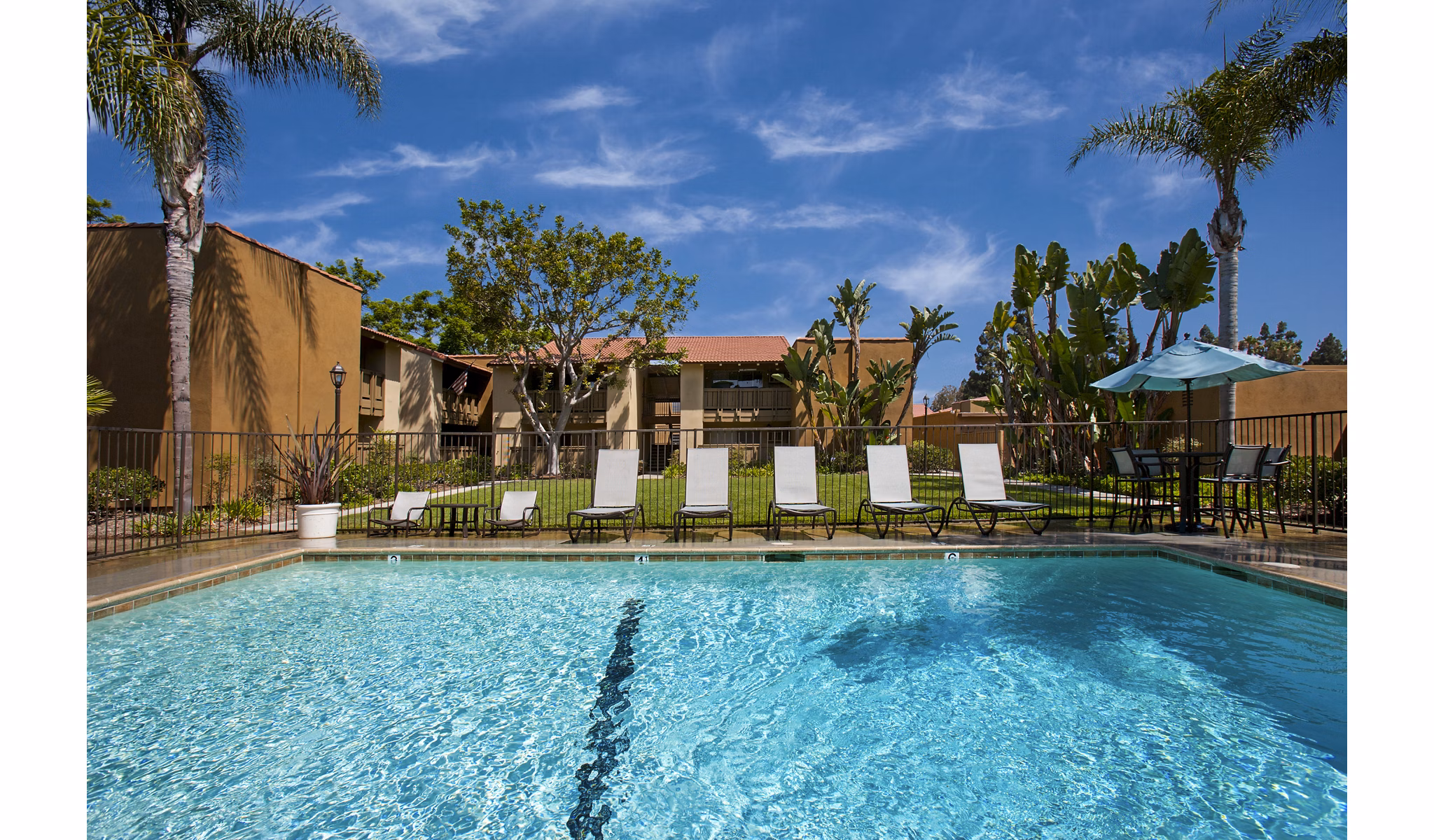 Modern outdoor pool at Corte Bella Apartments offering luxury living