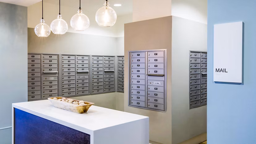 Mail room with secure parcel lockers at Ocean 650 Apartments