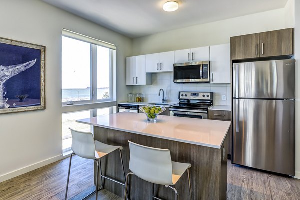 Sleek kitchen with stainless steel appliances at Ocean 650 Apartments, offering luxury living near the ocean
