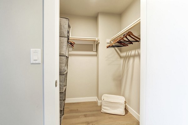 Empty walk-in closet with hangers and storage basket in luxury apartment at Harbor 1500