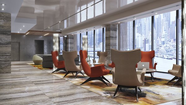 Spacious lounge area with city view, stylish chairs, and tables at Harbor 1500 Apartments