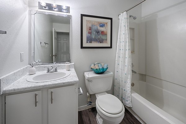 Bathroom featuring elegant marble countertops and modern fixtures in Raintree Apartments