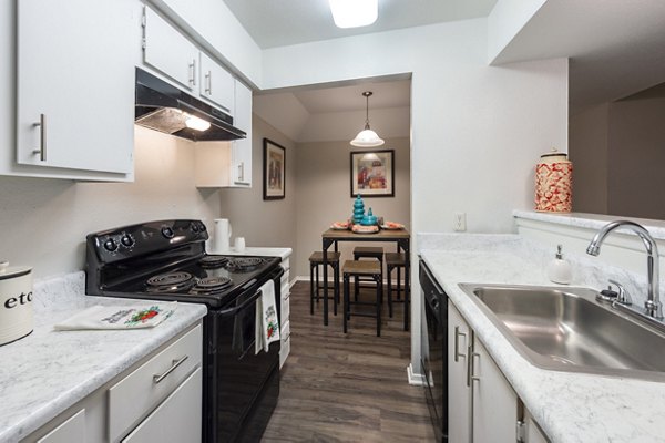 Modern kitchen featuring stainless steel appliances and granite countertops at Raintree Apartments