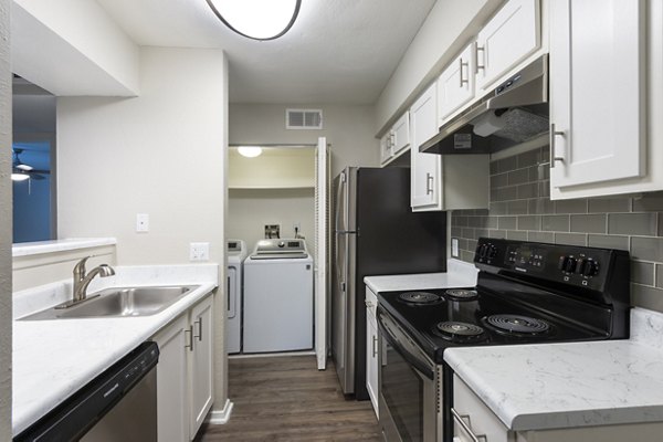 Modern kitchen with granite countertops and stainless steel appliances at Raintree Apartments, luxury living by Greystar