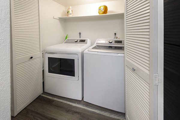 Laundry room with modern appliances at Raintree Apartments in luxury Greystar community