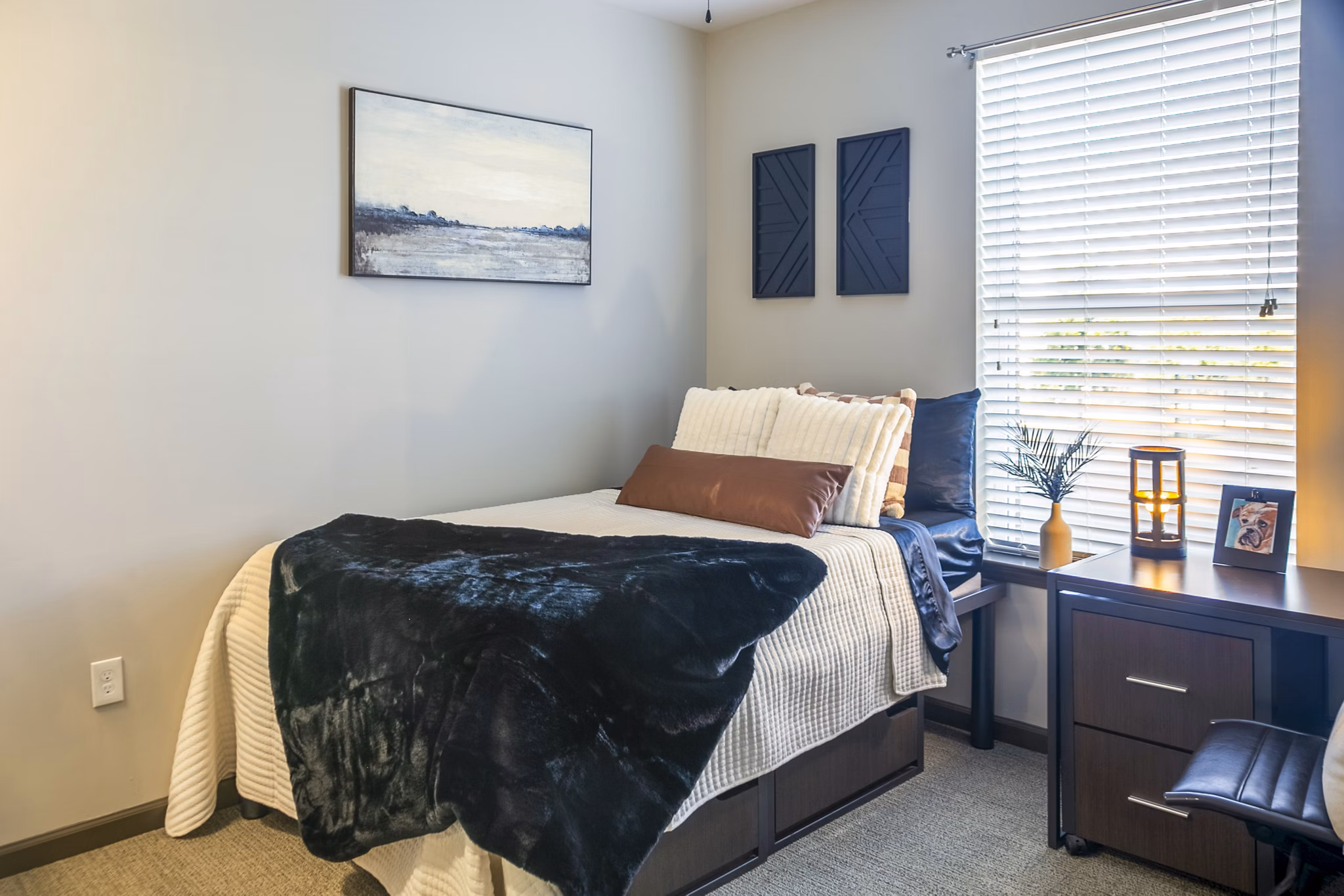 Cozy bedroom with modern decor at College View Apartments, featuring a plush bed and large window for natural light Ideal for restful living