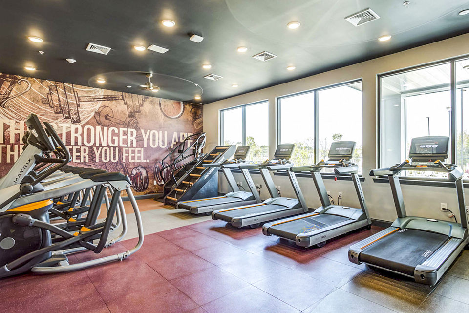 Modern fitness center with state-of-the-art equipment at College View Apartments, offering residents a luxurious workout space