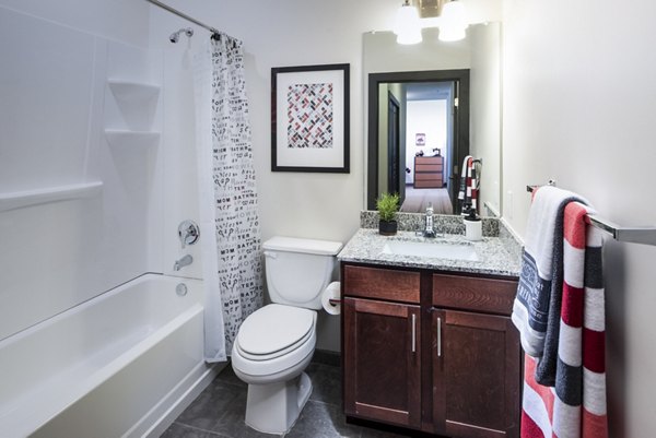 Modern bathroom with sleek fixtures at The Local Downtown Apartments, offering luxury living in a prime location
