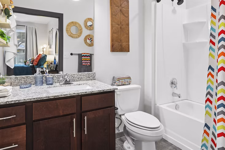 Luxury bathroom with sleek fixtures at The Local Downtown Apartments offering modern amenities and stylish design