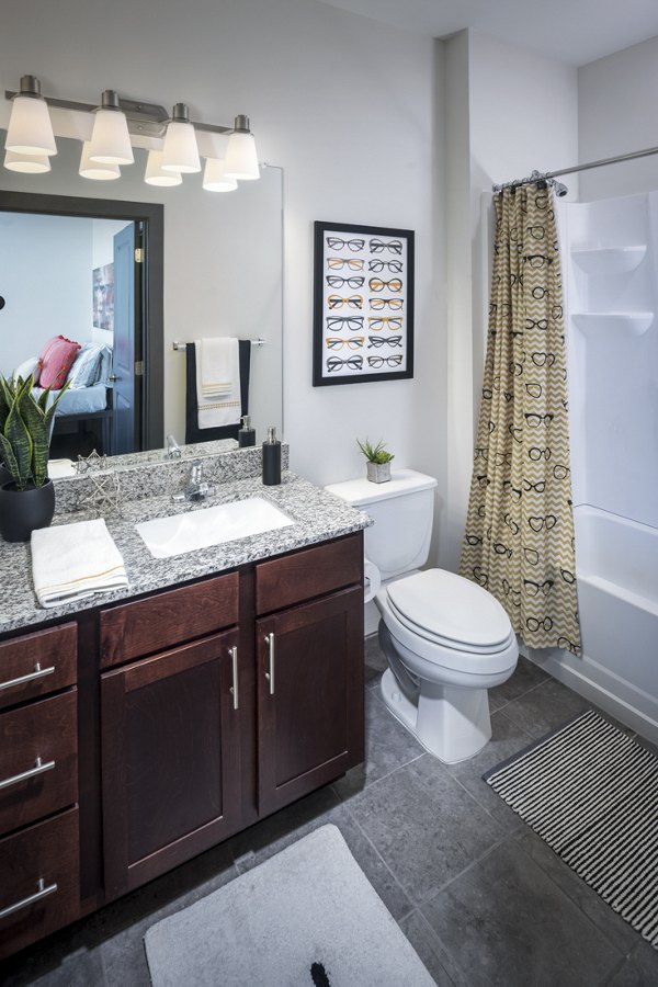 Luxury bathroom with sleek fixtures at The Local Downtown Apartments offering modern amenities and stylish design