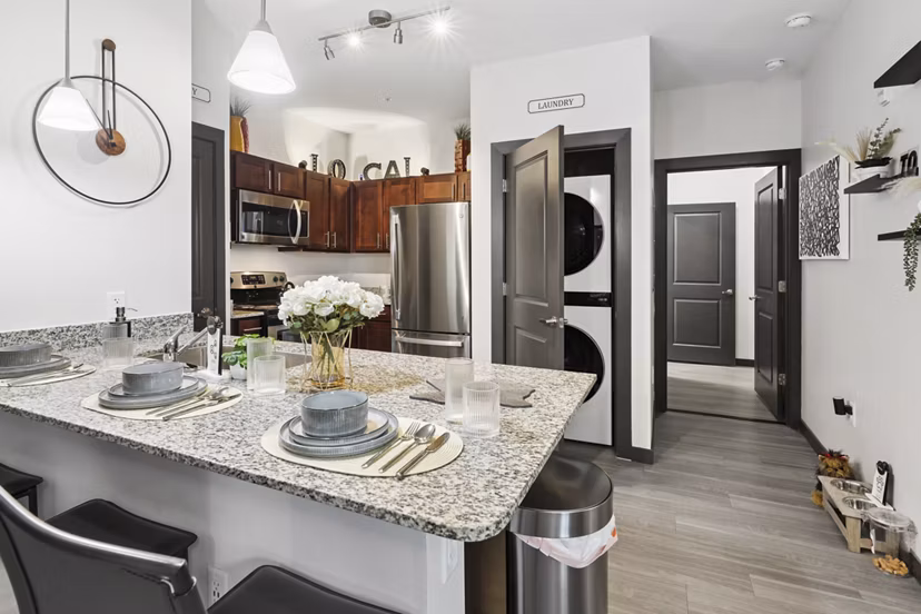 Modern kitchen with sleek cabinetry and stainless appliances in The Local Downtown Apartments