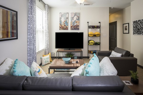 Spacious living room with contemporary furnishings in The Local Downtown Apartments