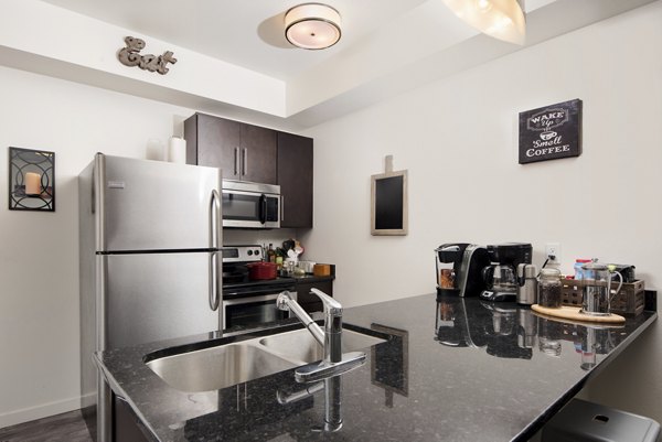Modern kitchen featuring stainless steel appliances and granite countertops at Lokal Apartments