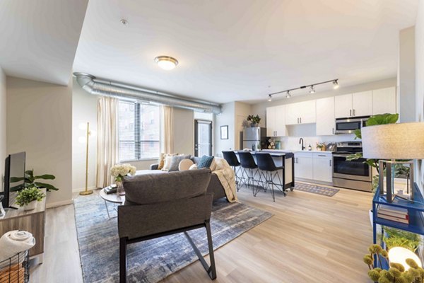 Cozy dining area with modern lighting at The Marshall Apartments