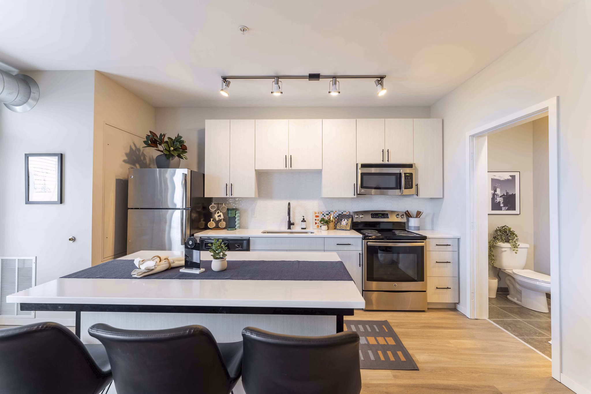 Sleek kitchen with modern appliances at The Marshall Apartments in luxury Greystar community