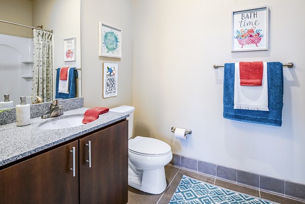 Contemporary bathroom with sleek fixtures at SkyVue Apartments