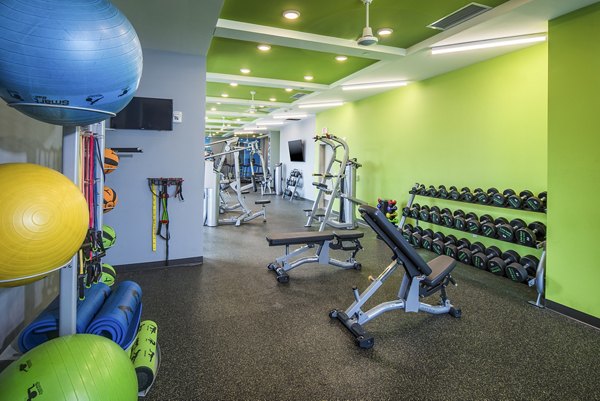 Fitness center with modern equipment at SkyVue Apartments