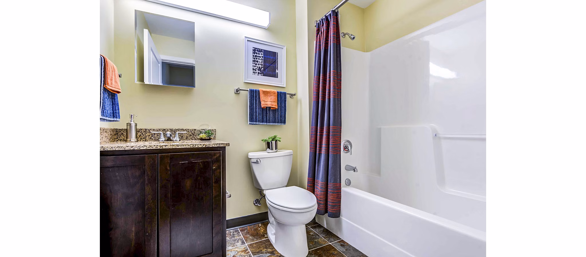 Bathroom featuring modern fixtures at University Village on Colvin apartments