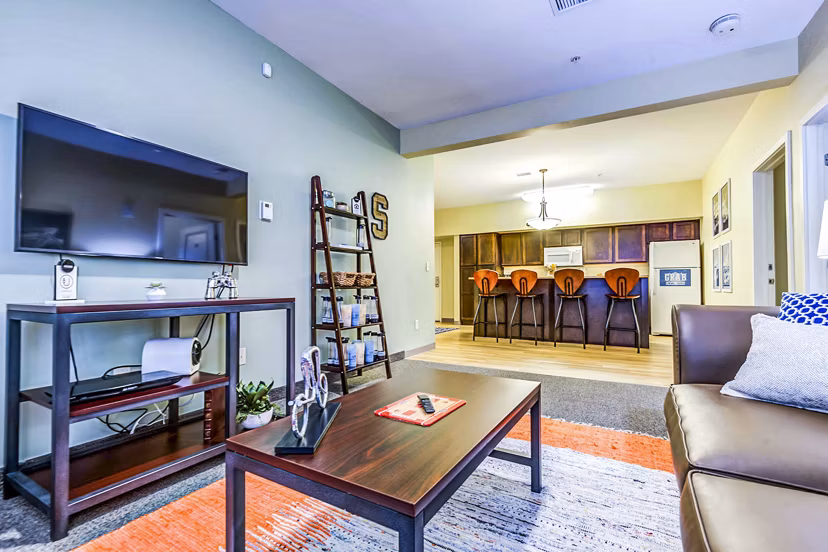 Living room with modern decor and natural light at University Village Apartments On Colvin