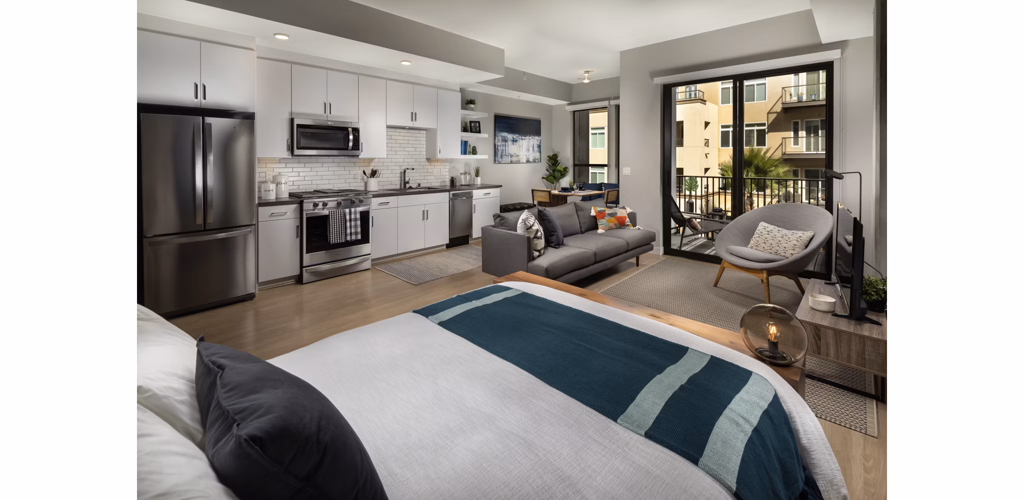 Cozy studio space with modern decor in Pierside South Apartments