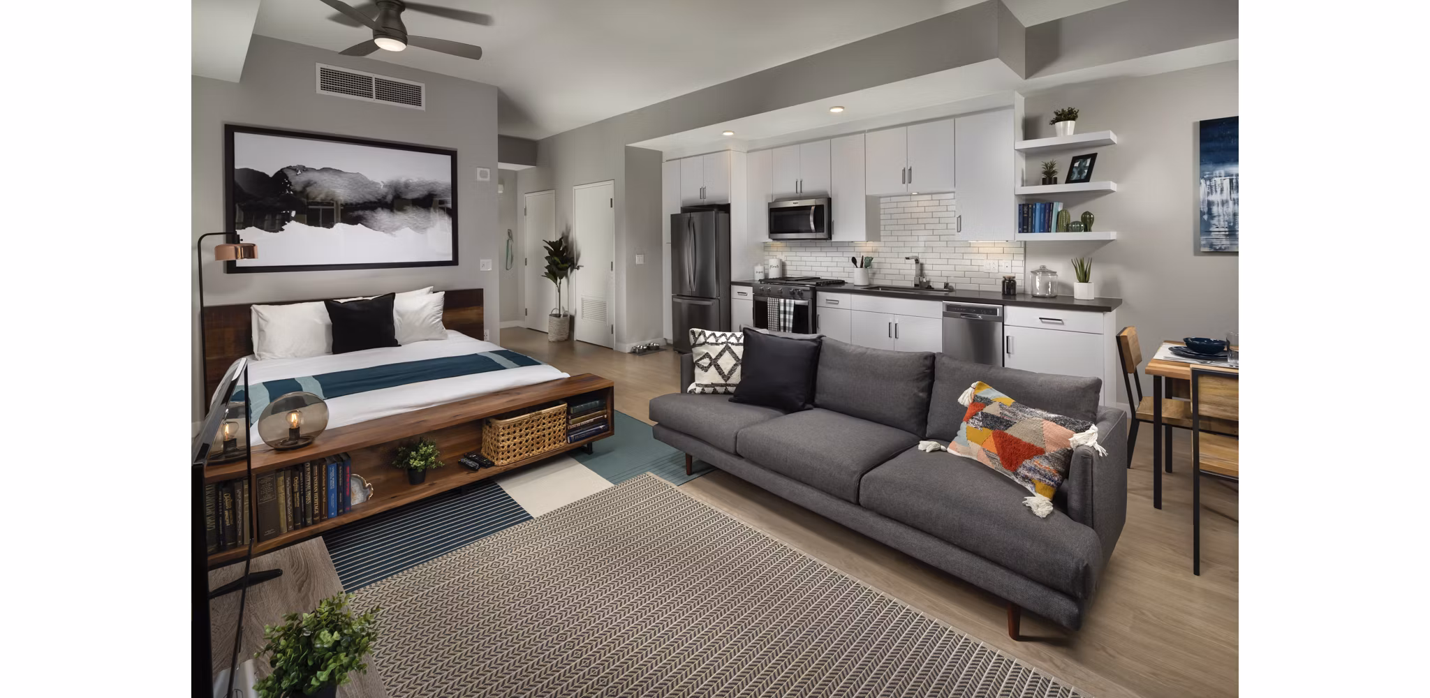 Cozy studio living room with contemporary decor at Pierside South Apartments