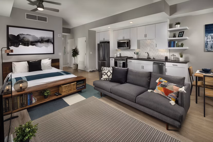 Cozy studio living room with contemporary decor at Pierside South Apartments