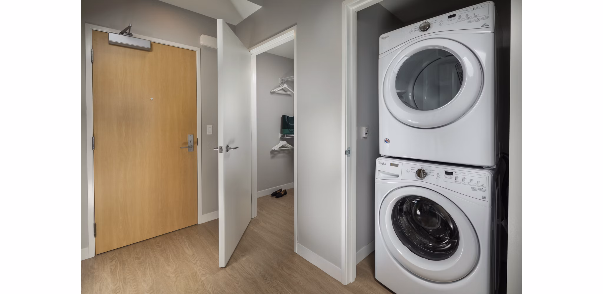 Washer and dryer in-unit at Pierside South Apartments offering convenience and modern living features in luxury settings