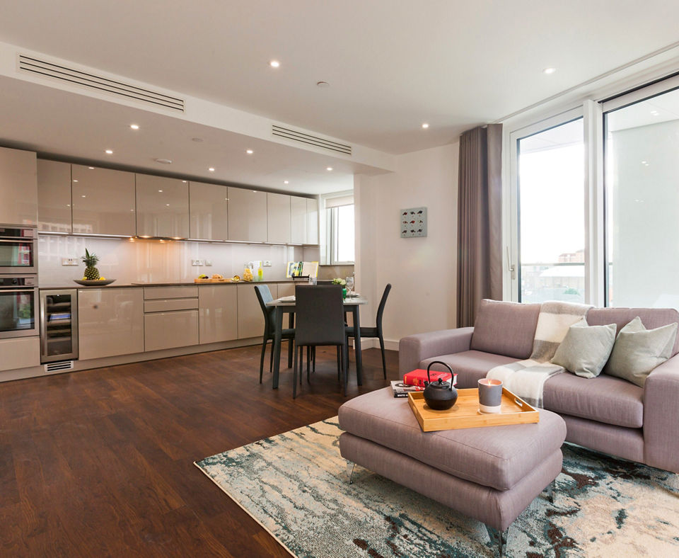 Modern living room with elegant decor at Nine Elms luxury apartments