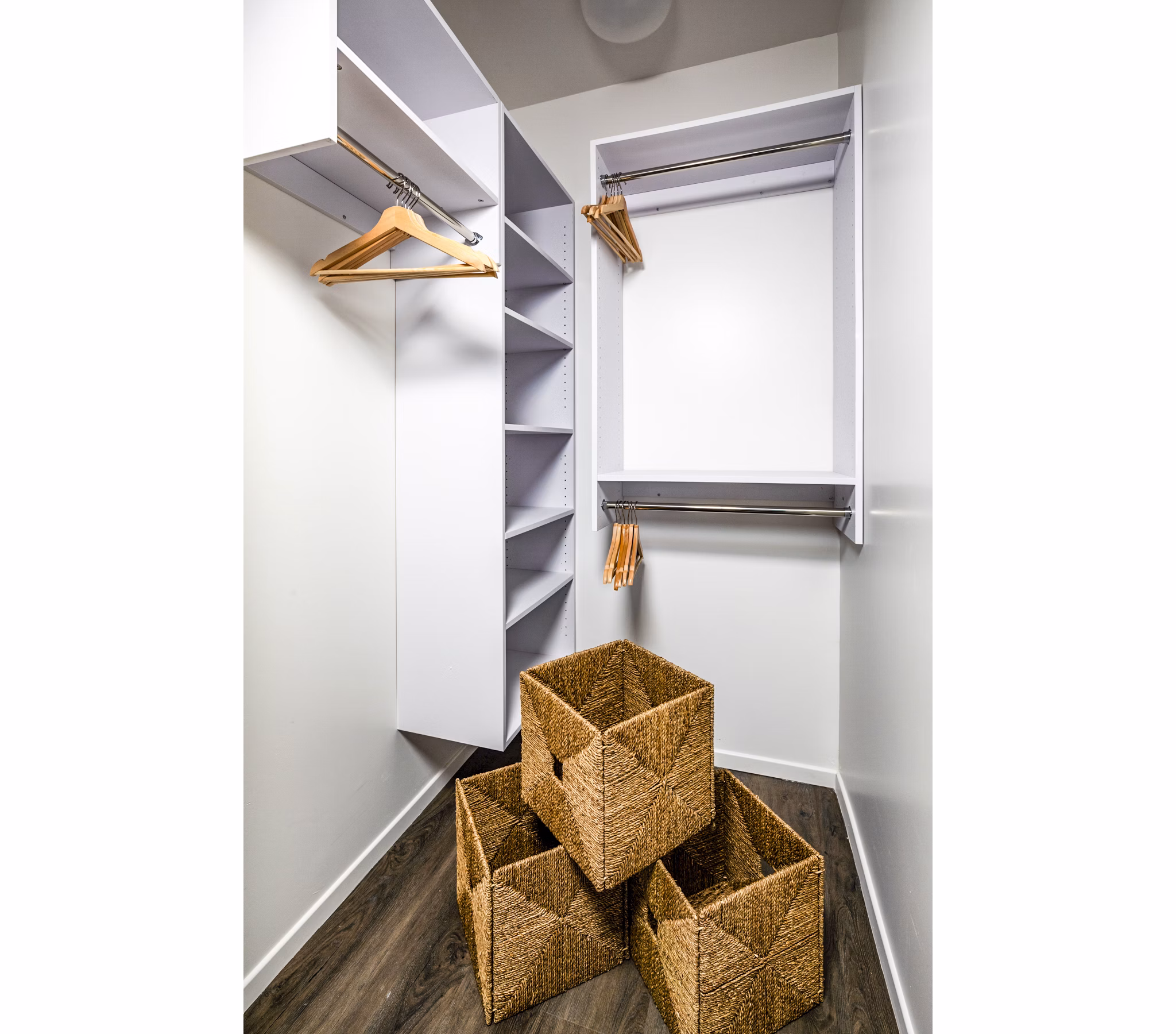 Walk-in bedroom closet with ample shelving at Burano Place Apartments