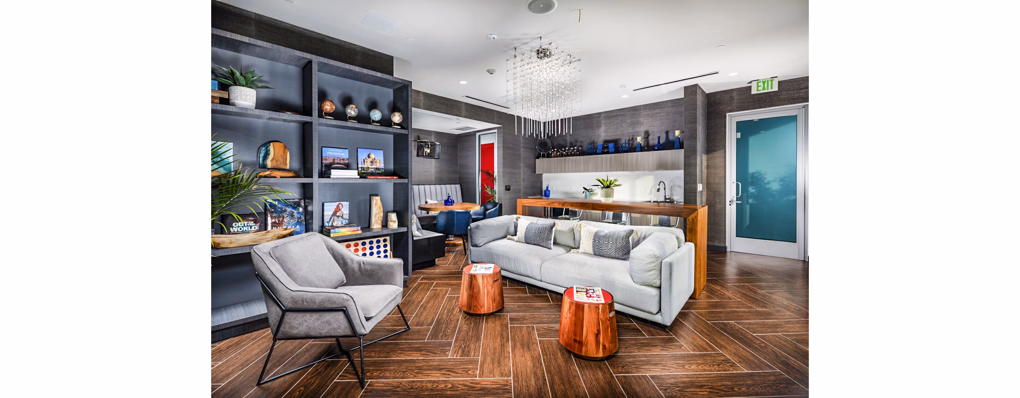 Clubhouse with modern design at Burano Apartments offering luxury amenities, indoor seating, and entertainment spaces