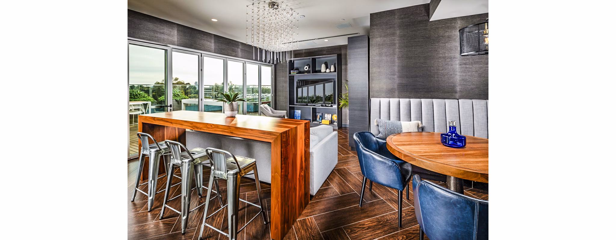 Clubhouse featuring modern design and spacious seating at Burano Apartments, a luxury community