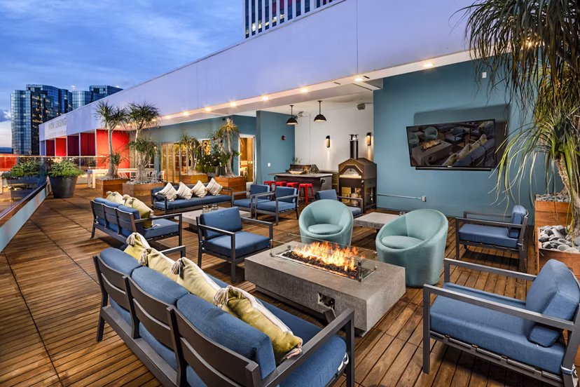 Stylish fire pit on the patio at Burano Apartments, a Greystar luxury community