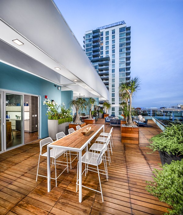 Patio with stylish outdoor seating at Burano Apartments, a luxury Greystar property