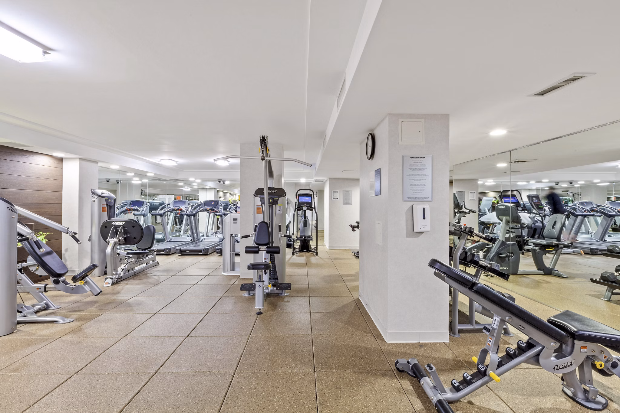 fitness center at Two Lincoln Square Apartments