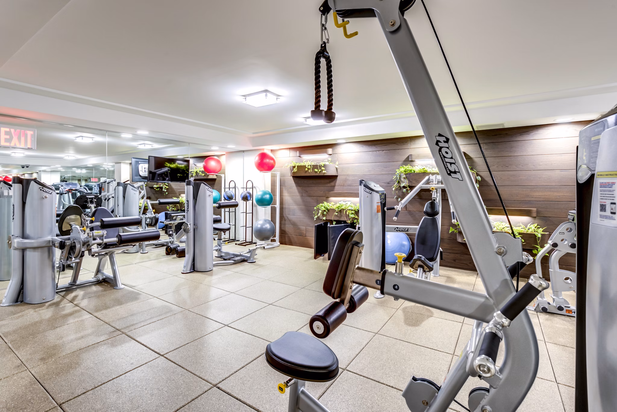 fitness center at Two Lincoln Square Apartments