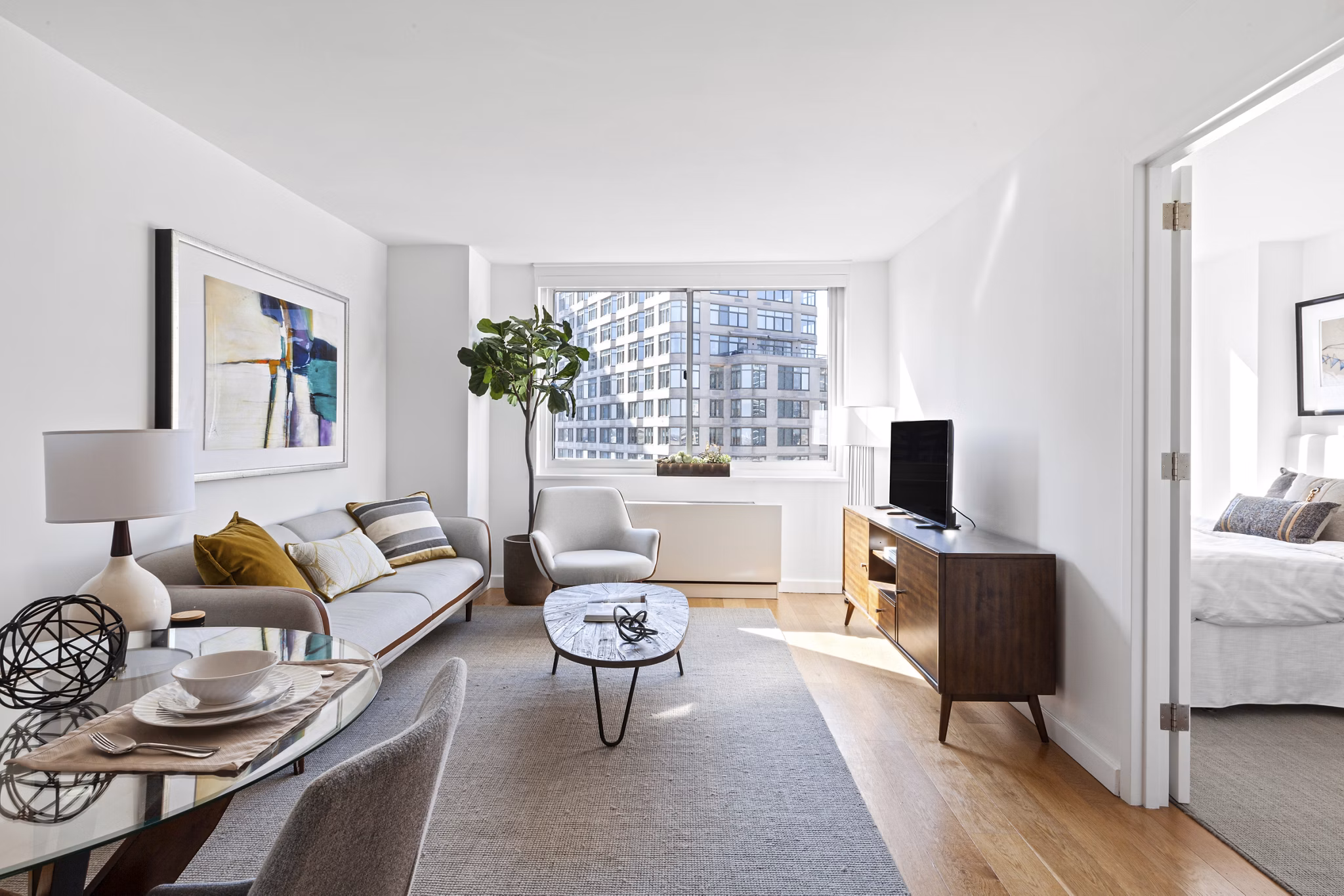 living room at Two Lincoln Square Apartments