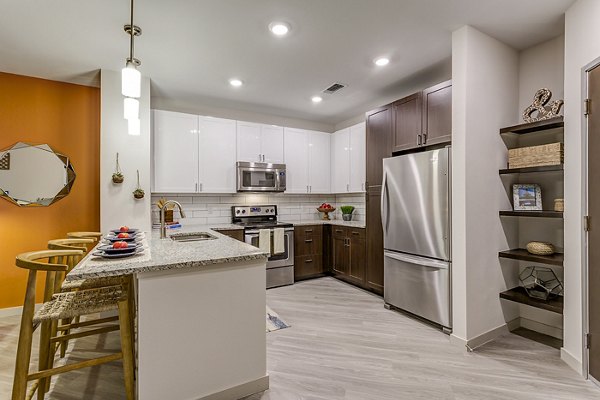 Modern kitchen with stainless appliances and granite countertops at Venue on 16th Apartments