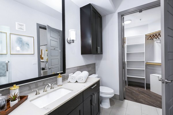 Luxurious bathroom featuring modern fixtures at Flatiron Domain Apartments in vibrant Austin