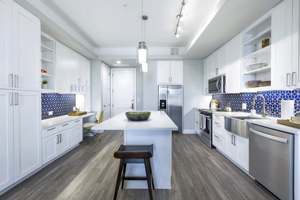 Modern kitchen with stainless steel appliances at Flatiron Domain Apartments, luxury community with refined interiors