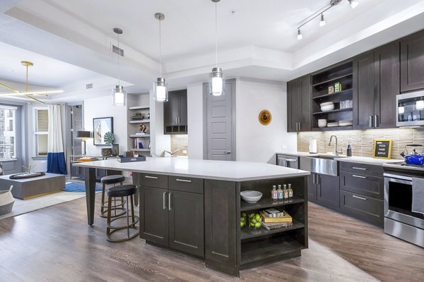 Modern kitchen with stainless steel appliances in Flatiron Domain Apartments