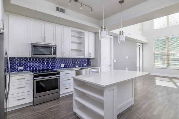 Flatiron Domain Apartments: Modern kitchen with sleek cabinetry and stainless steel appliances in luxury apartments