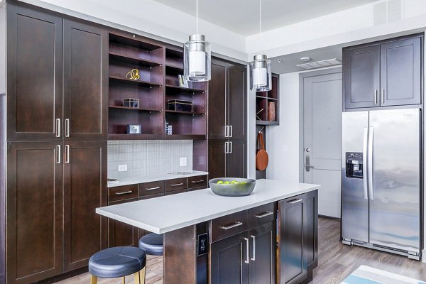 Modern kitchen with stainless steel appliances at Flatiron Domain Apartments