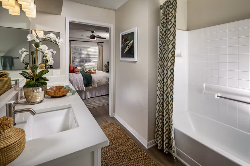 Modern bathroom with sleek fixtures at Seacrest Apartment Homes: luxury living by Greystar